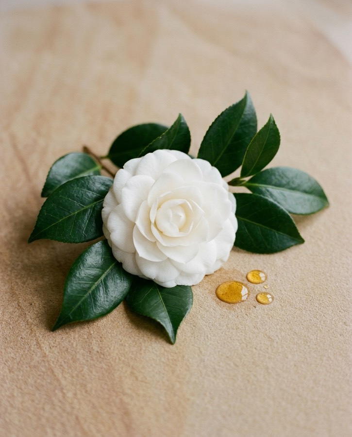 Flor de camélia com gotas de óleo