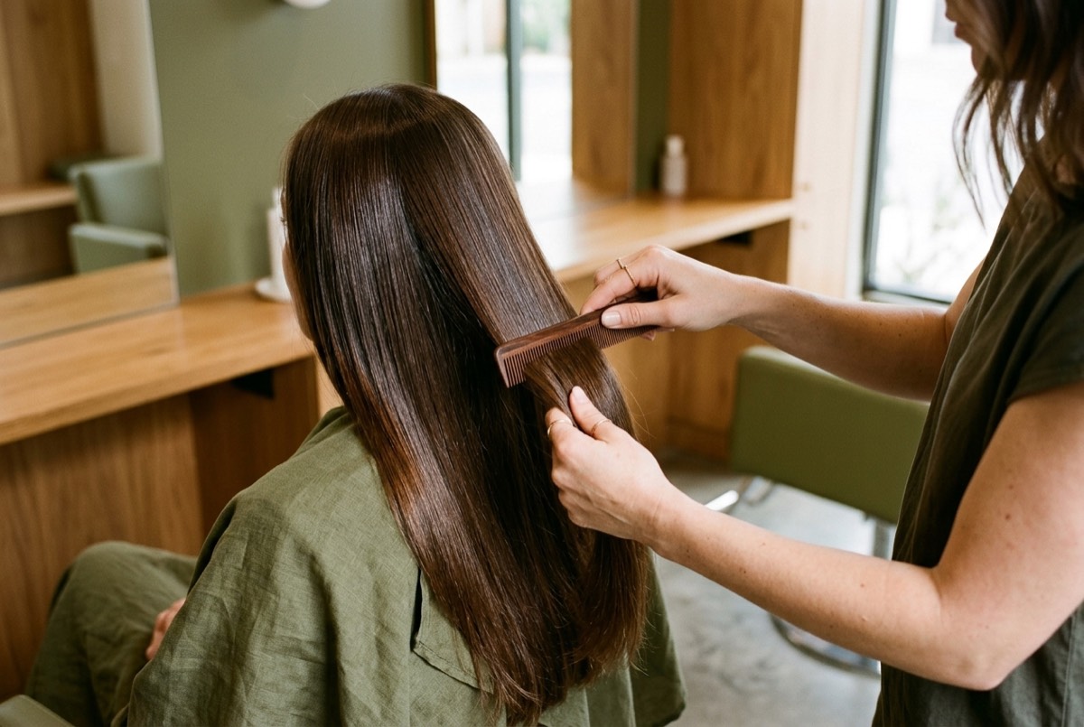 Cabeleireira penteando o cabelo longo de uma cliente no salão